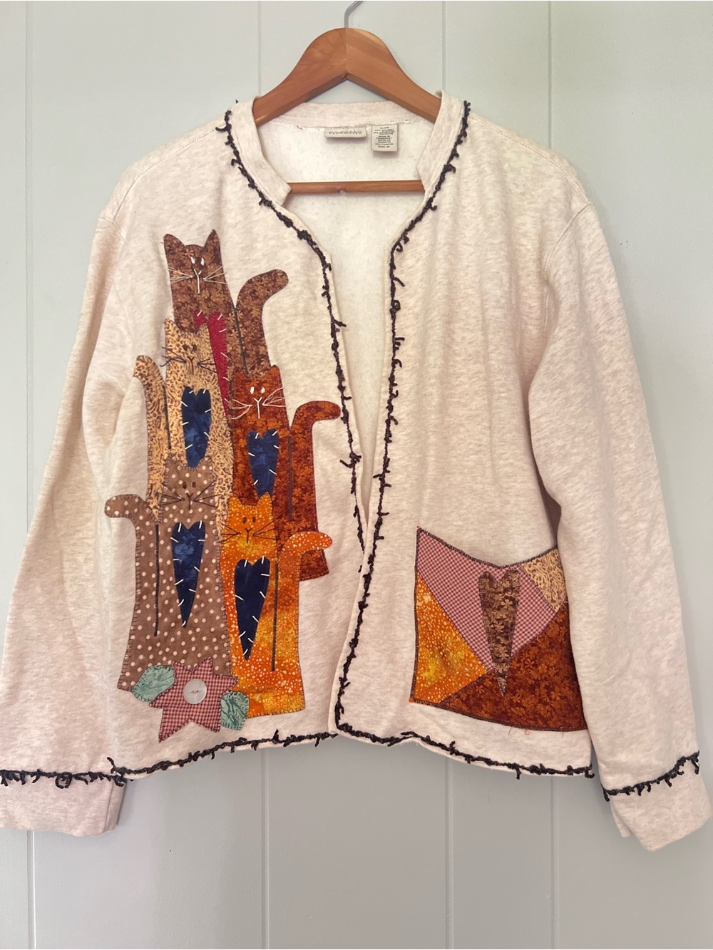 Vintage 90s Cat Patchwork Cardigan Sweater Folk Art Appliqué Boho Artsy Size XL